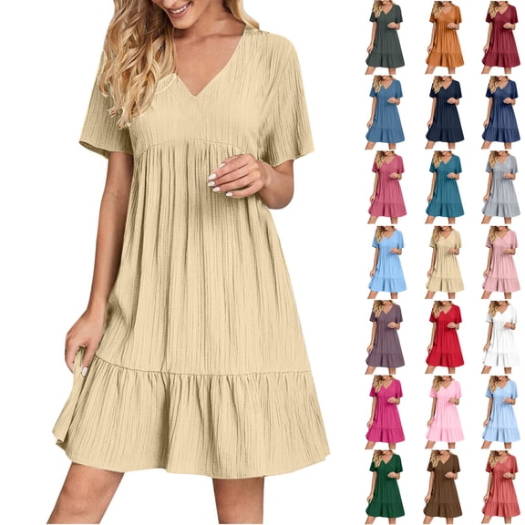 Summer Dresses for Women 2025, Fashion Women Summer Casual V-Neck Short Sleeve Mini Dress(Beige,L)