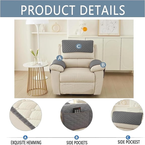 3/4/5 Pcs/Set Recliner Headrest Protector Sofa Armrest Cover, 1/2/3 Seater Sofa Headrest Slipcovers with Pocket Nonslip Armchair Cover Quilted Furniture Protector for Recliner Leather Sofa Couch (Col