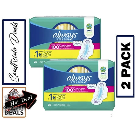 Always Ultra Thin Pads with Wings, Size 1, Regular Absorbency, 22 CT (2 Pack)