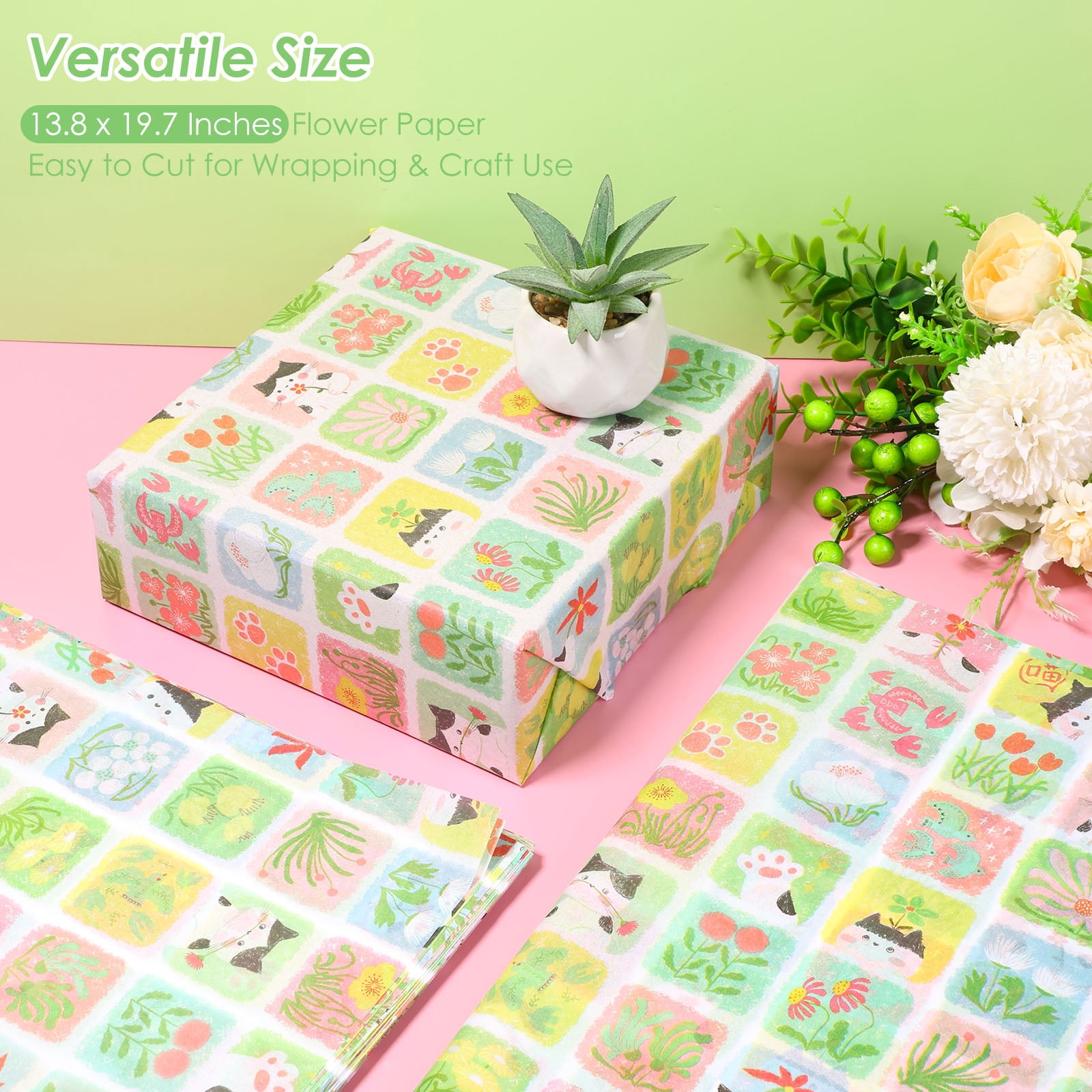Atopoler 200 Sheet Cartoon Tissue Paper,Cute Animal Floral Preasent Wrap Tissue Paper for Wrapping Crafting Packing,20 x 14 inches,Green Color
