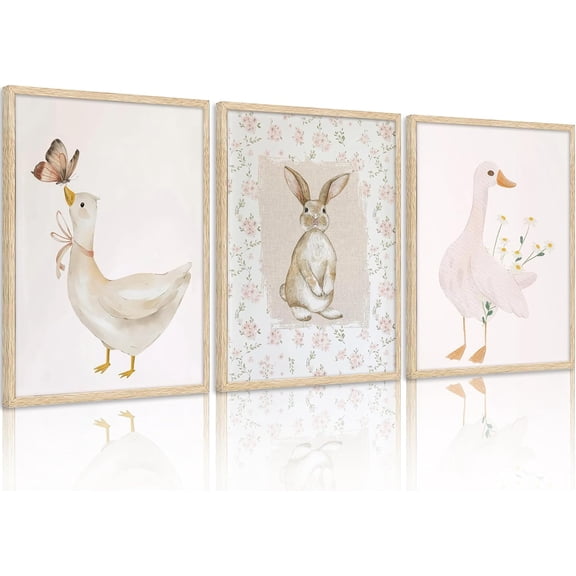 Hieng Animal Nursery Wall Art Cute Pink Goose And Bunny Painting Picture Wall Decor Pink Printed Retro Animals Poster Print Artwork for Kids Boys Room Bedroom Decorate,Und