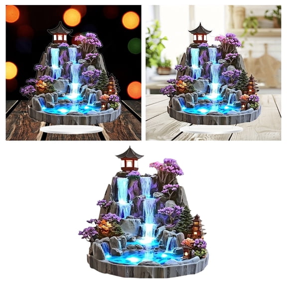 Desktop Feng Shui Rockery Flowing Water Ornament with LED Lights for Home Bedroom Living Room Decoration 2D Flat Design