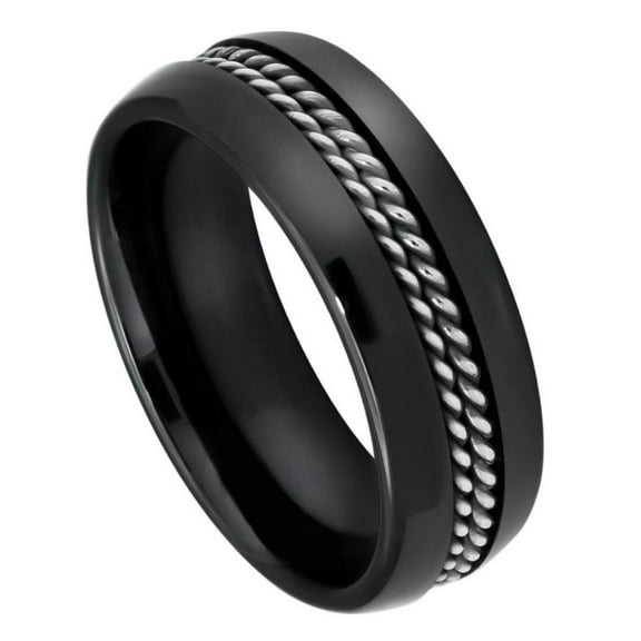 8mm Ceramic Ring High Polished Domed Black with Double Rope Stainless Steel Inlay Wedding band Ring for Men and Ladies