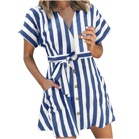 QingYiHua Summer Button Down Shirt Dress for Women Short Sleeve Striped Print V Neck Belted Dresses with Pockets Beach Vacation Dresses Clearance Navy