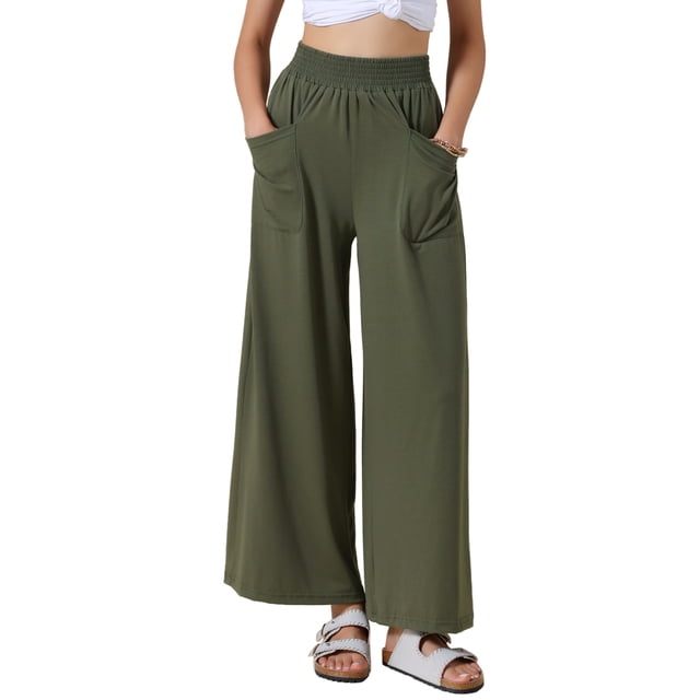 Pantalones de pierna ancha para mujer, con cintura alta elástica, pantalones palazzo informales, talla XS, color verde
