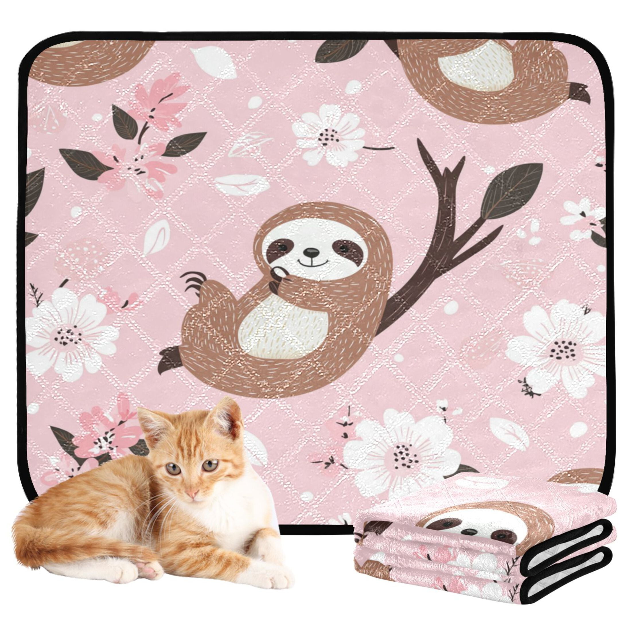 Qxltty Cute Sloth Pattern with White Floral Accents Cat litter Pads Pet Set of 2 Diaper Mats Center Anti-leakage Layer Absorbent Soft and Comfortable
