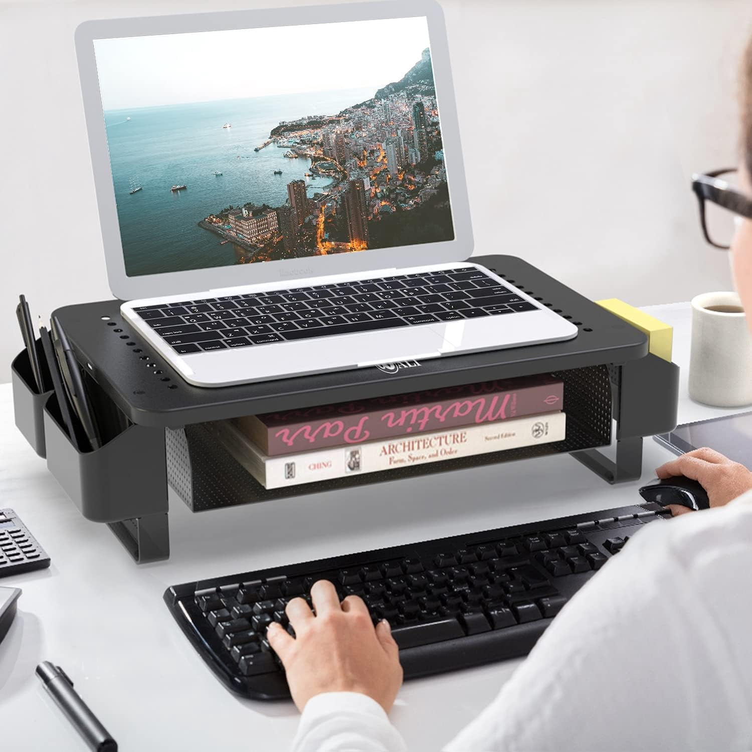 LUFF Monitor Stand Riser with Pullout Storage, Desk Organizer with Ventilation Drawer, Desktop Computer Stand with Pen Holder for Laptop, Computer, iMac, Black