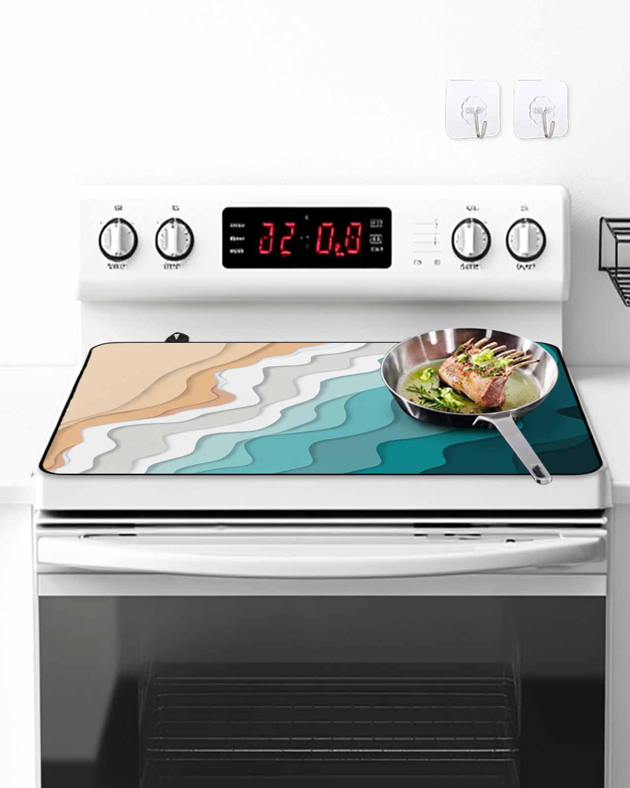 Stove Top Covers for Electric Stove, Teal Green Glass Stovetop Cover Protector, Geometric Brown White Beach Waves Gradient Induction Cooktop Protector Oven Mat for Kitchen Countertop 28.5"x20.5"