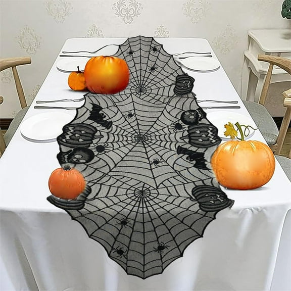 Holloyiver Halloween Table Runner, Black Lace Spider Web Table Runners for Table Decor, Creepy Pumpkin Bat Printed Table Cloth for Halloween Party Dinner Table Decoration 24 x 71Inch