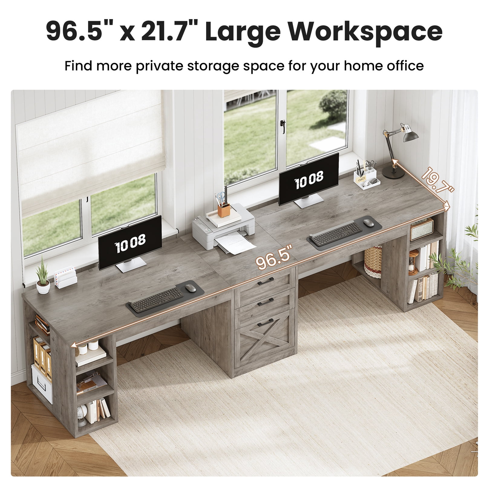 96.5 Inch 2 Person Desk with Storage, Farmhouse Double Desk with Drawers and Open Shelves, Home Office Desk with Printer Stand and File Drawer, Grey