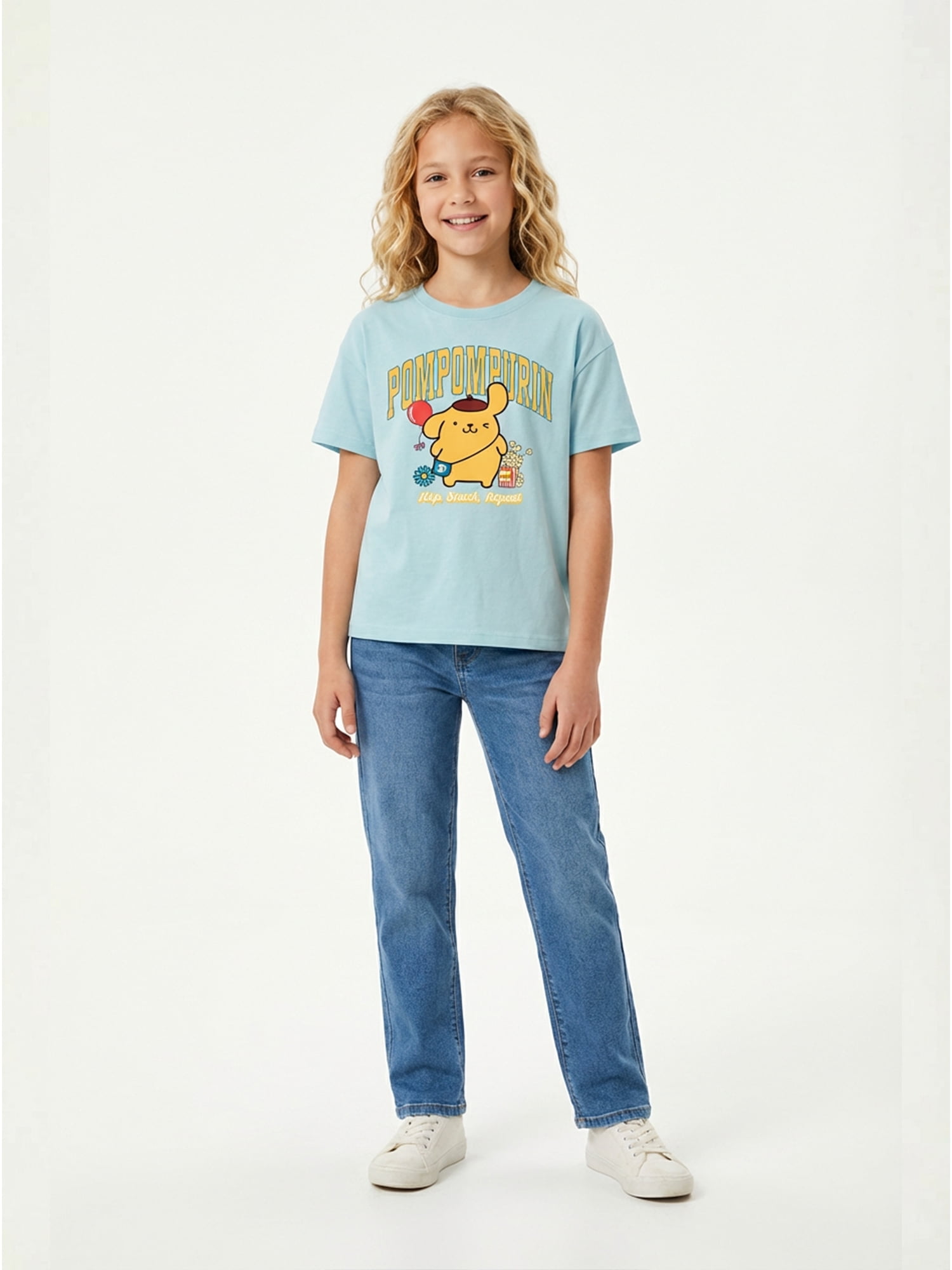 Sanrio Girls Pompompurin Snack Graphic Tee with Short Sleeves, Sizes 4-16