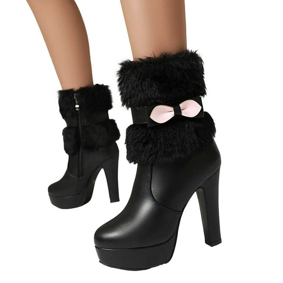 Mostsola Platform Boots for Women Zip up Round Toe Fluffy Bowknot Short Booties Stiletto Heels