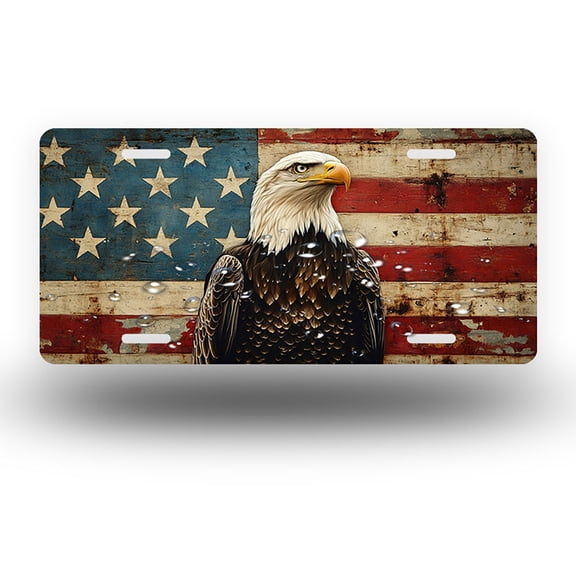 Weathered flag and Stoic Eagle Front License Plate, Metal License Plate, Funny Standard Plates Personalized Novelty Decorative For Men/Women/Boys/Girls Car 612 Inch