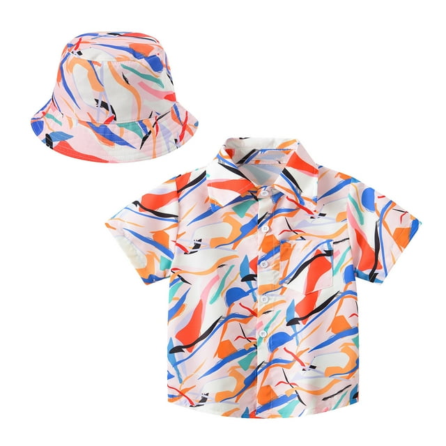 MIASHUI Boys Button Down Shirts Summer Short Sleeve Graphic Print Tops with Hat,Pink,3-4 Years