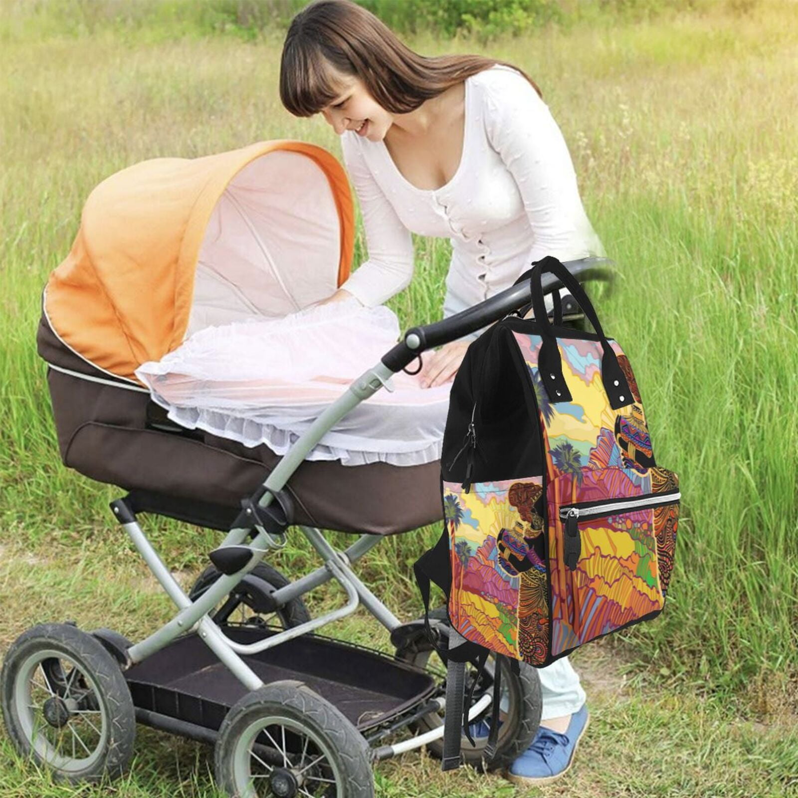 Ratiio Beautiful African Woman Mummy Backpack - Waterproof Twill Canvas, Large Capacity Diaper Bag with Multiple Pockets and Adjustable Straps