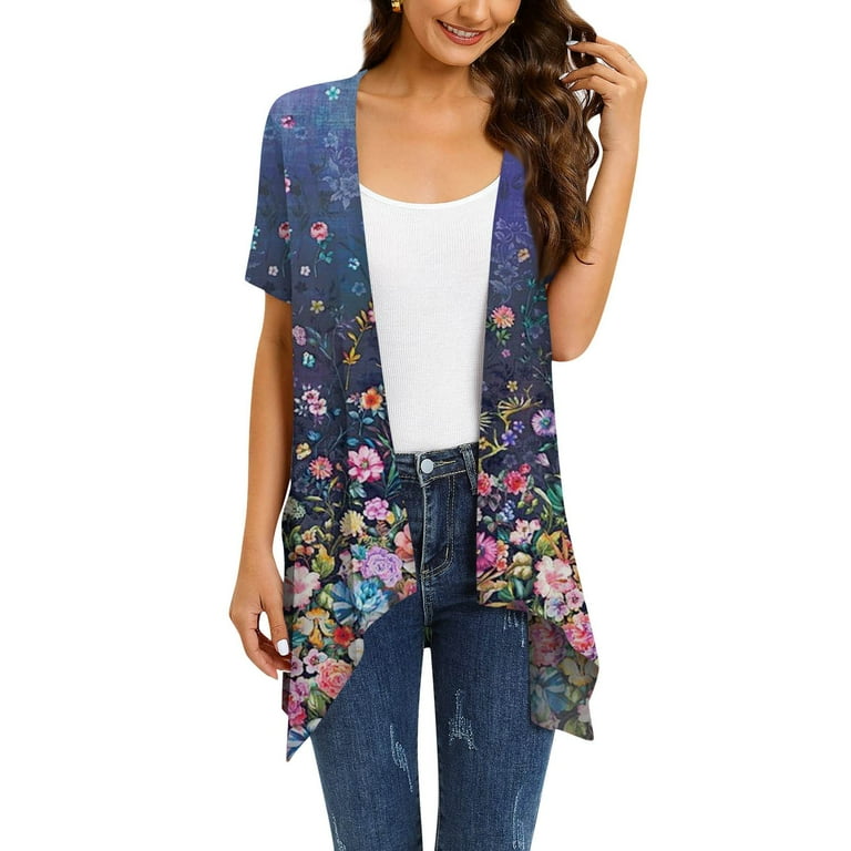 TQWQT Kimonos for Women Casual Plus Size Kimono Vest Casual Short Sleeve Open Front Lightweight Summer Cardigans with Pockets Draped Hem Royal Blue XL Walmart