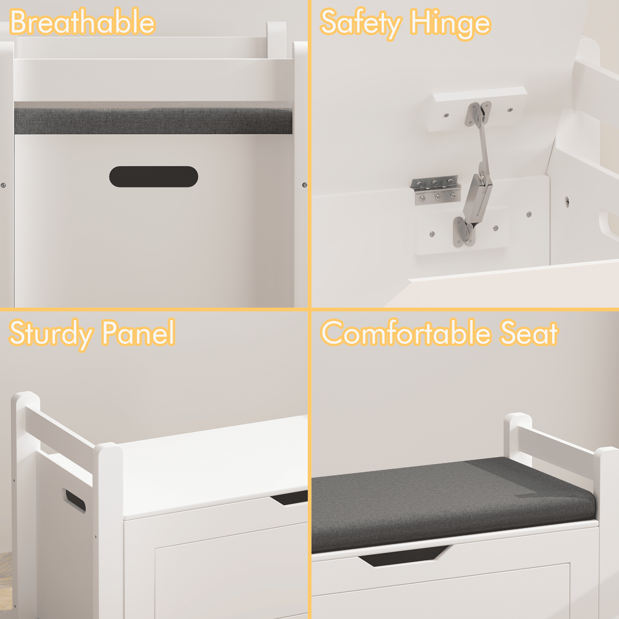 HOQBN Kids Toy Box Chest for Boys Girls,Large Toy Storage Organizer with Cushion Seat Bench,Flip-Top Lid & Safety Hinge for Nursery, Playroom,White