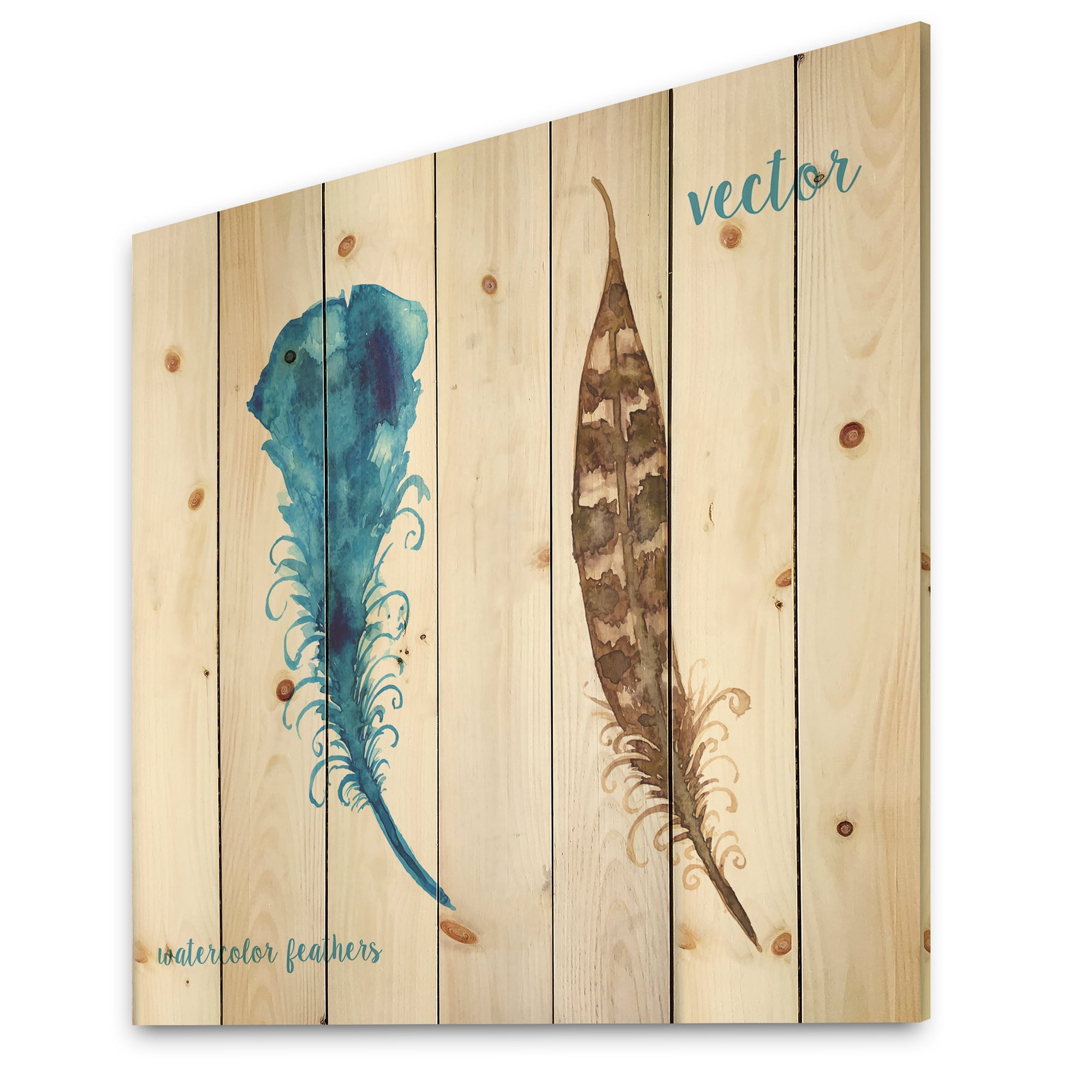 Designart 'Ethnic Boho Watercolor Feathers' Bohemian & Eclectic Print on Natural Pine Wood