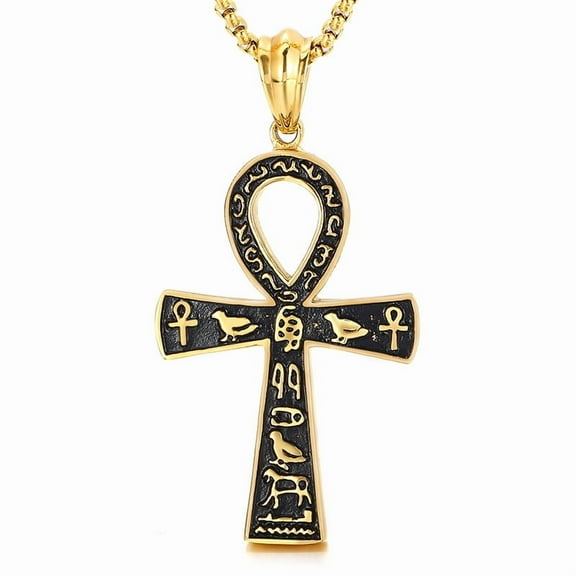 Fashion Ancient Egyptian Ankh Cross Necklace For Men Women 14K Yellow Gold Biker Pendant Amulet Jewelry Gift