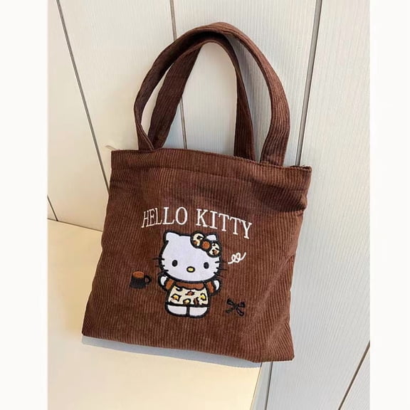 Cute Hello Kitty Corduroy Tote Bag,Kawaii Embroidered Shoulder Bag for Women,Reusable Shopping Handbag with Zipper Closure