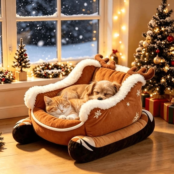 Christmas Sleigh Dog Bed, Fun Sleigh‑Design Pet Cushion Bed, Suitable for Pet Daily Rest, Holiday Home Styling and Christmas‑themed Pet Corner