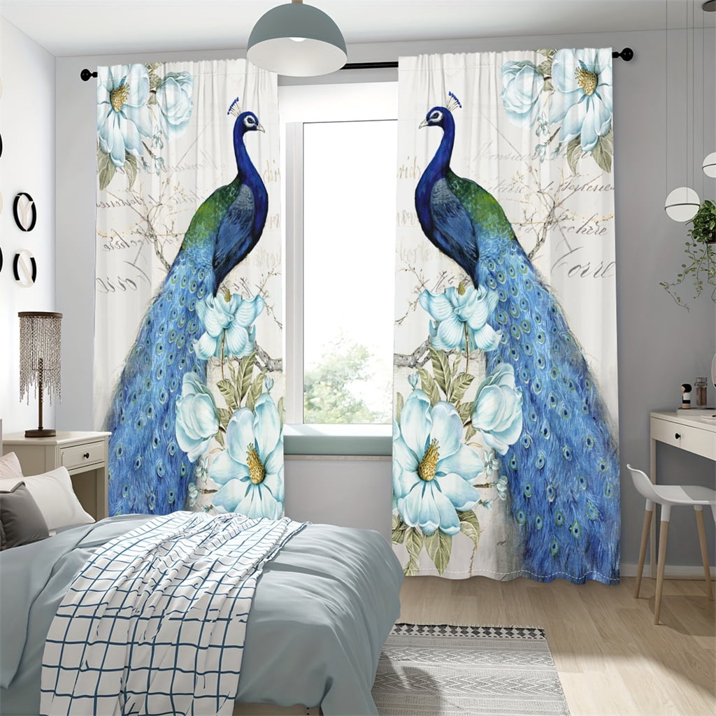 WNOOHIY Luxurious Vintage Blue Peacock Printed Window Curtains for Enhanced Privacy,Set of 2 Panels