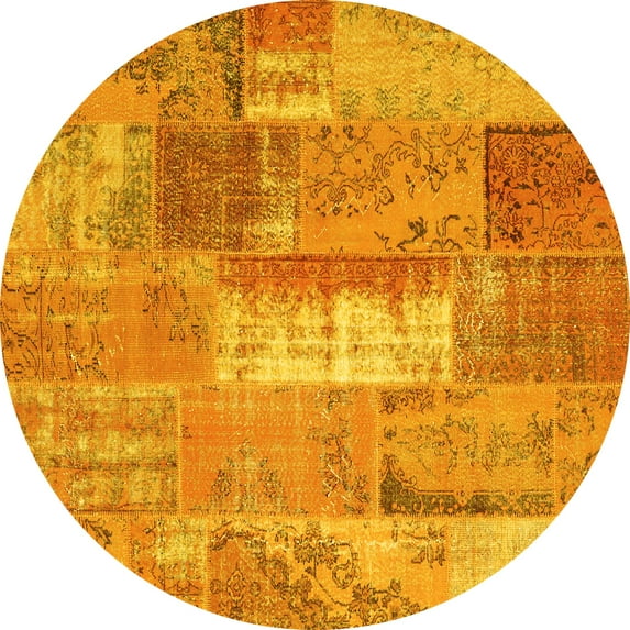 Ahgly Company Machine Washable Indoor Round Patchwork Yellow Transitional Area Rugs, 6' Round