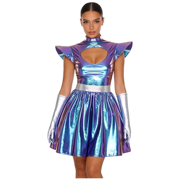 Aislor Womens Metallic Space Alien Shiny Robot Dress Carnival Outfits with Gloves Blue M
