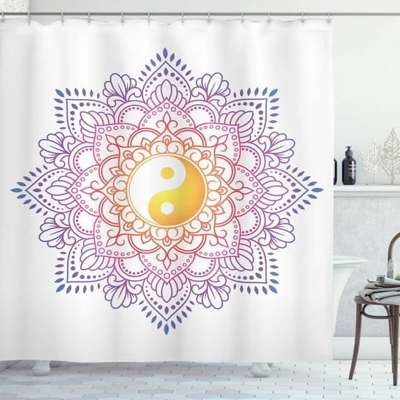 Orient Shower Curtain, Color Change Design Yin Yang Symbol and Spirals and Dots Folkloric Design Print, Fabric Bathroom Set with Hooks, 69W X 84L Inches Extra Long, Multicolor, by Ambesonne