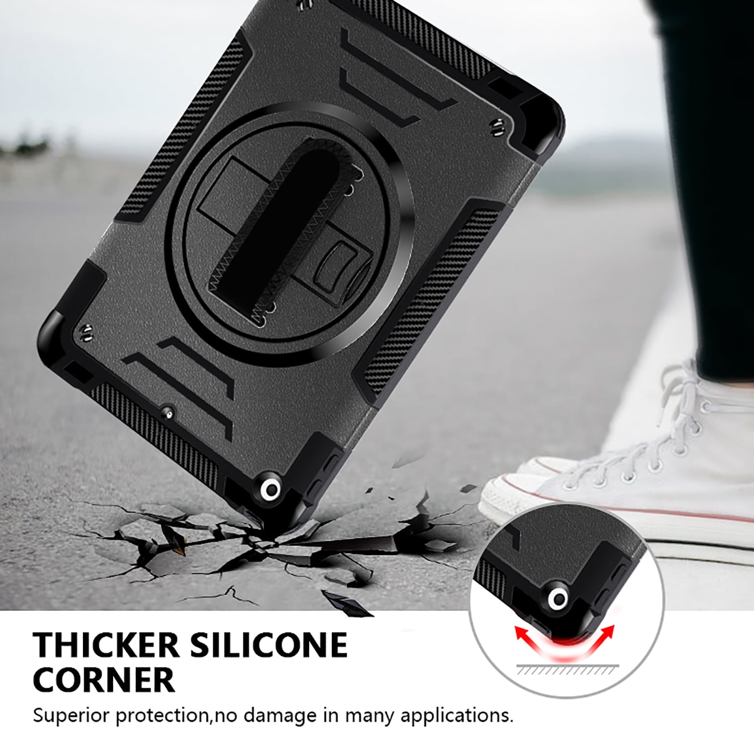 Shockproof Case for Apple iPad 9th/8th/7th Generation, with Pencil Holder Military Grade Protection Rotating Stand Hand Strap Shoulder Strap Bumper Rugged Case for iPad 10.2" 2021/2020/2019, Black