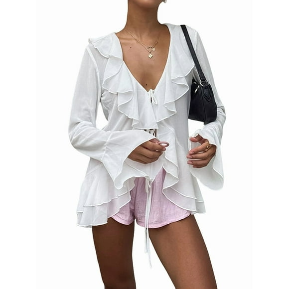 Women'S Tie Front Tops Sheer Mesh Bell Long Sleeve Ruffle Blouse Shirt Crop Top White S