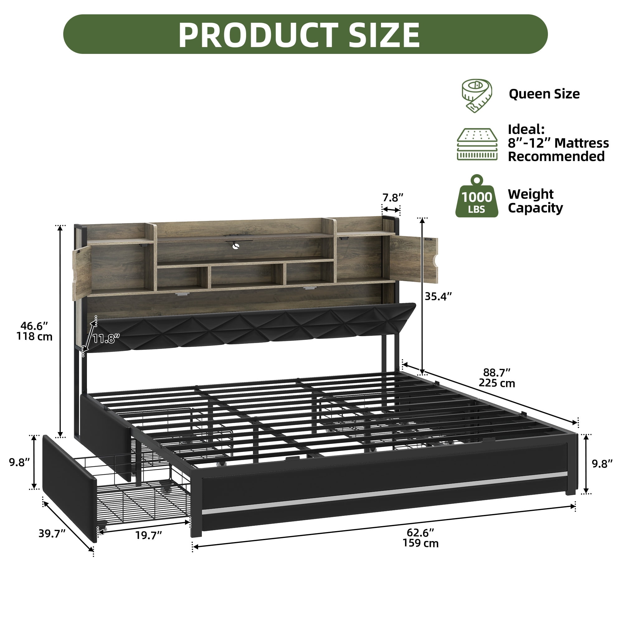 Uforic Queen Size PU Leather Platform Bed Frame with RGB Ambient Light, Bookcase Headboard & 4 Underbed Storage Drawers, Easy Assembly, Black