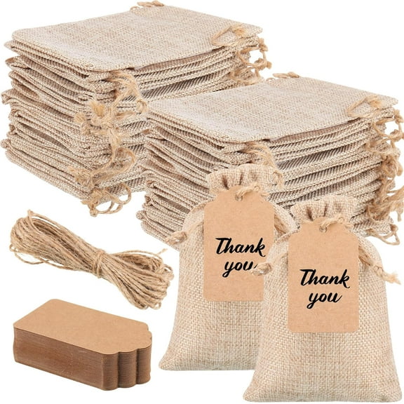 BlinkLLX 50 Pcs Burlap Gift Bags with 50 Pcs Kraft Paper Gift Tags Drawstring Favor Bulk Burlap Sack Bags for DIY Wedding Party Craft(3 x 4 Inch,Light Brown)