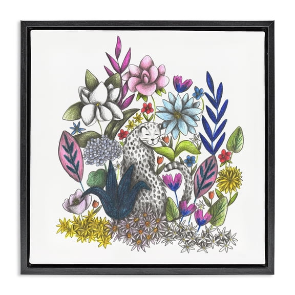 Leopard in Midst of Flowers Black Framed Floater Canvas Wall Art, design by Cecilia Battaini