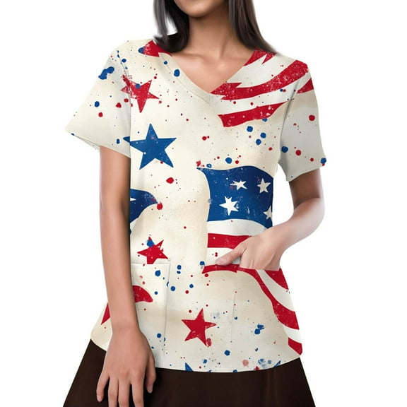 DIFUOUWE Patriotic Scrubs for Women with Design Plus Size Scrub Tops 2025 Summer July 4th Cozy Fit Scrub Shirts Uniforms XXL