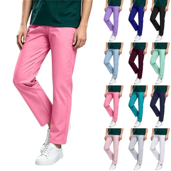 Women's Straight Leg Scrub Pants with Pockets Elastic Waist Drawstring Loose Fit Workwear Trousers Casual Nursing Uniform Bottoms