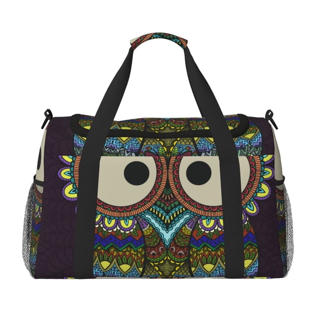 Xecao Boho Owl Pattern Lightweight Crossbody Weekender Bag Mesh Side Pockets Padded Handles Sports Outdoor Gear Organizer