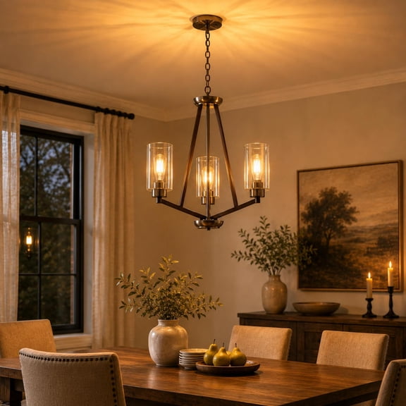 YANSUN 19.69" 3-Light Brown & Brushed Nickel Chandelier with E26 Base, Glass Shades, No Bulbs Included, Warm Light Fixture for Living Room, Dining Room,Bedroom