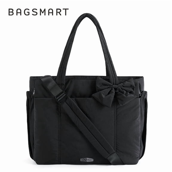BAGSMART Crush Tote Bag for Women, Puffer Crossbody Laptop Bag for 15.6", Quilted Shoulder Bag with Compartments, Black