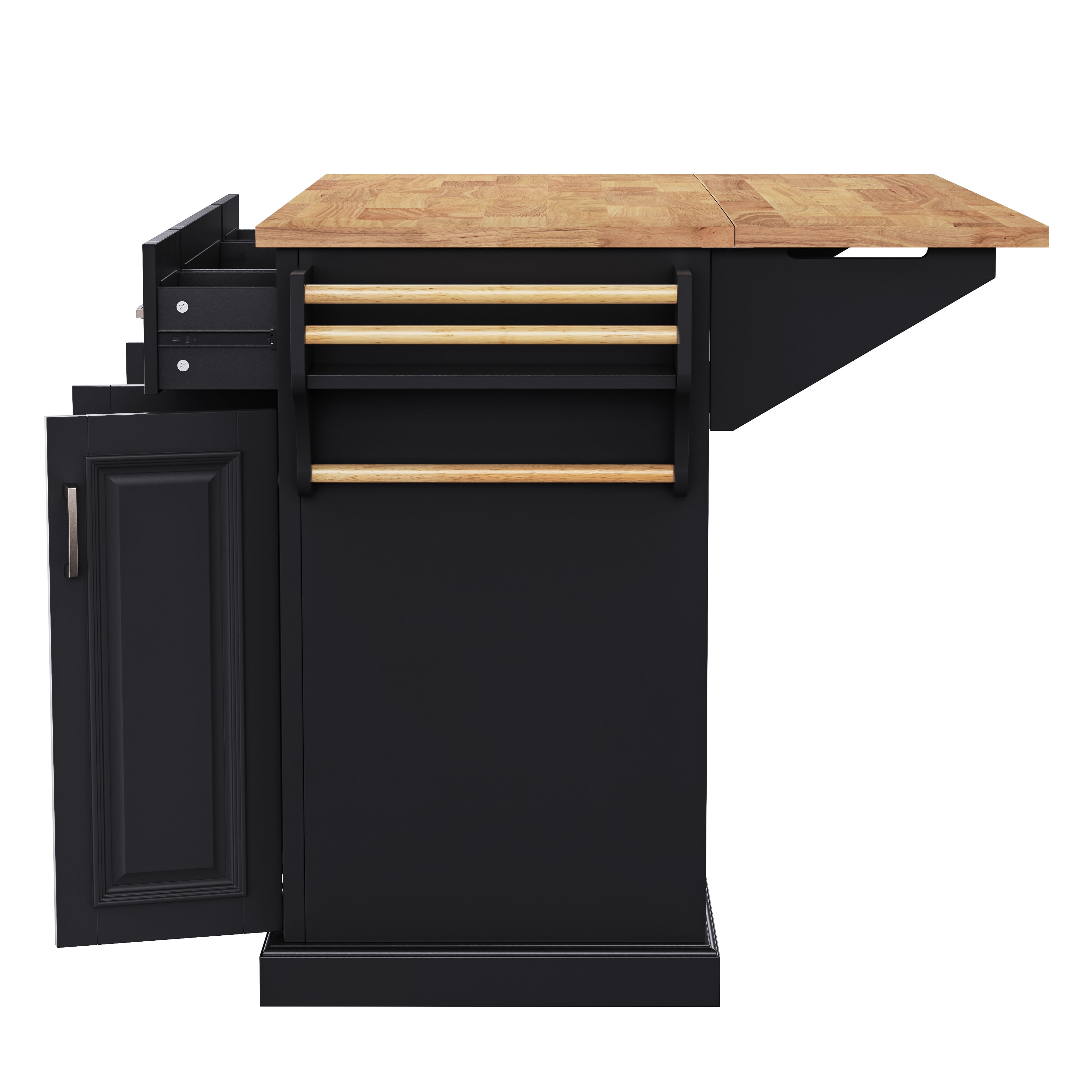 54inch Large Kitchen Island with Rubber Wood Drop Leaf, Embossed Texture Rolling Kitchen Cart on 4 Wheels with 4 Doors and 3 Drawers, Kitchen Island with Storage for Kitchen, Dining Room,Black