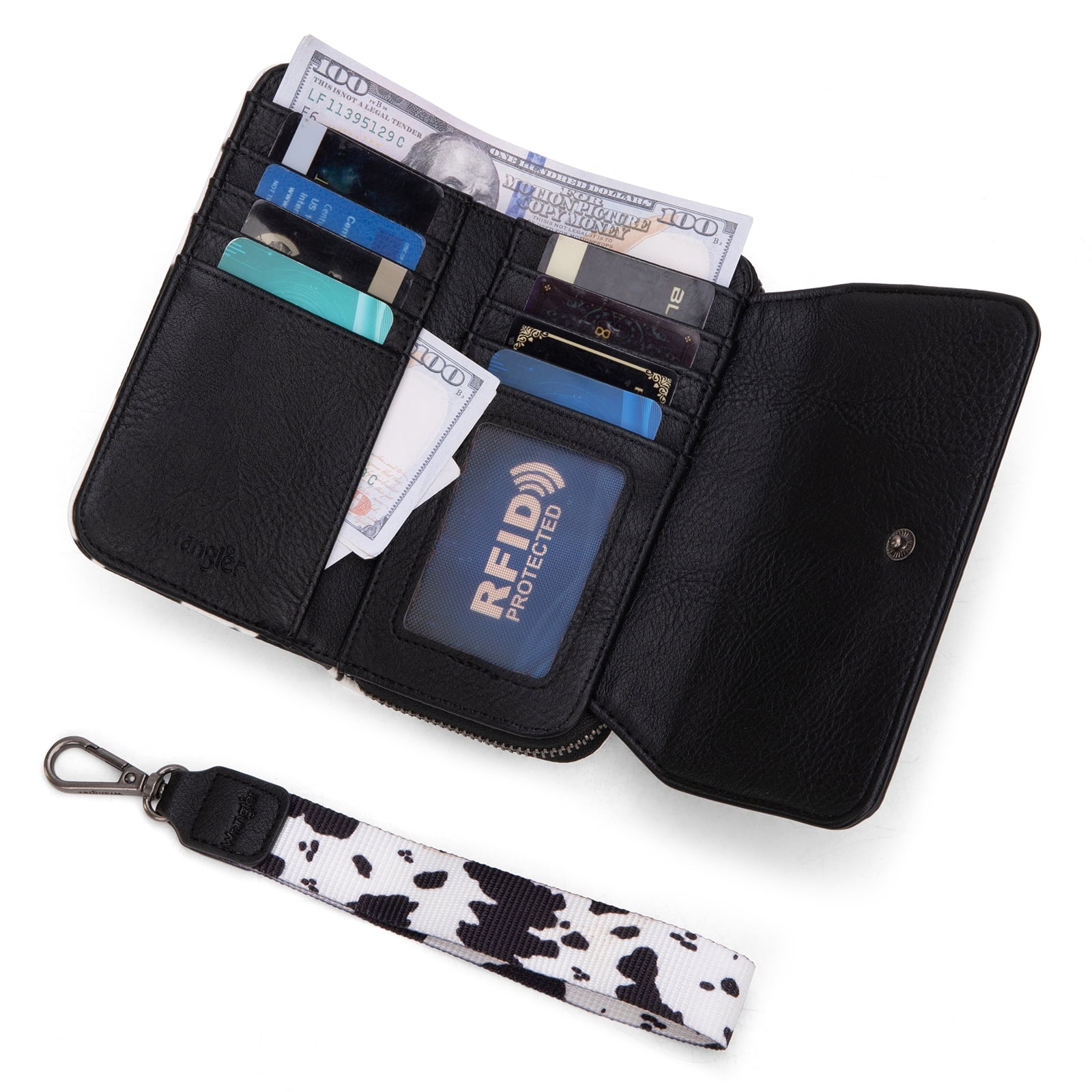 Wrangler Wallet Purse for Women Minimalist Wristlet Wallet with RFID Blocking Credit Card Holder, Cow Black