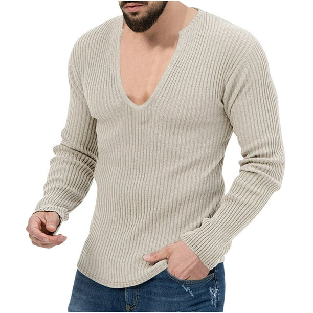 Blusas y camisas de manga larga con cuello en V para hombre, camisetas casuales de manga larga, jersey de punto, camisa de color liso con cuello en V, blusa para hombre