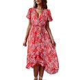 thumbnail image 1 of Vestido de mujer con escote en V, bajo con volantes, manga corta, abertura lateral, corte en A y falda acampanada para verano y primavera., 1 of 5