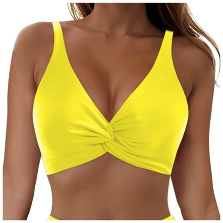 Zhden Swim Tops Women Bikini Top Halter Twist Front Swimsuit Top Padded V Neck Swim Tops Women Top OnlyYellow L