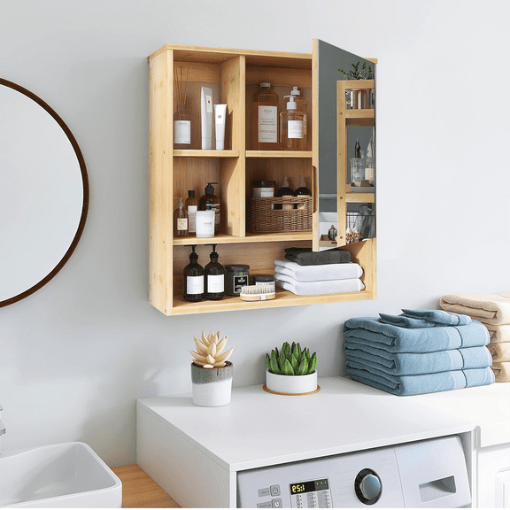 XgoodX Natural Bamboo Wall-Mounted Medicine Cabinet with Mirror Door Storage Shelves