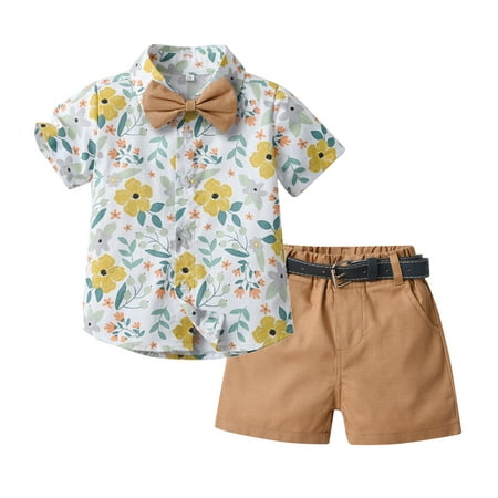 

Boys Formal Dresswear Set Summer Children s Wear Boy s Short-sleeved Lapel Shirt Shorts Suit With Belt Tie 12-18 Months