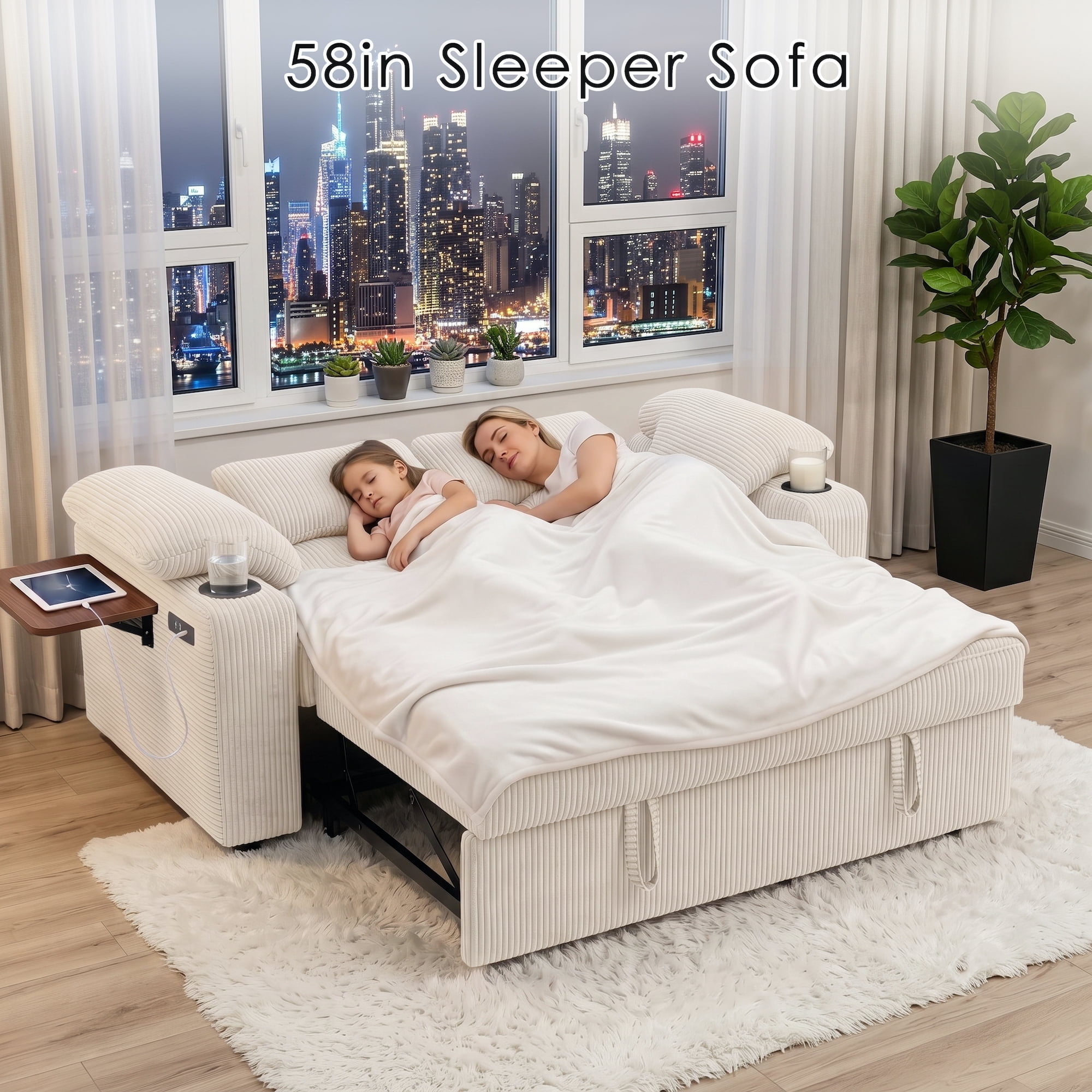 58" Sleeper Sofa Bed, Full Size Pull Out Couch, Convertible Corduroy Loveseat with USB Charging, Cup Holders, Side Table, Adjustable Backrest, Side Pockets for Living Room, Apartment, Office (Beige)