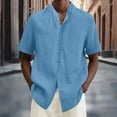 thumbnail image 2 of USNSM Men's Solid Color Casual Linen Open Front Button-Up Shirts Hippie Beach Short Sleeve Stand Collar Top Blue L, 2 of 5