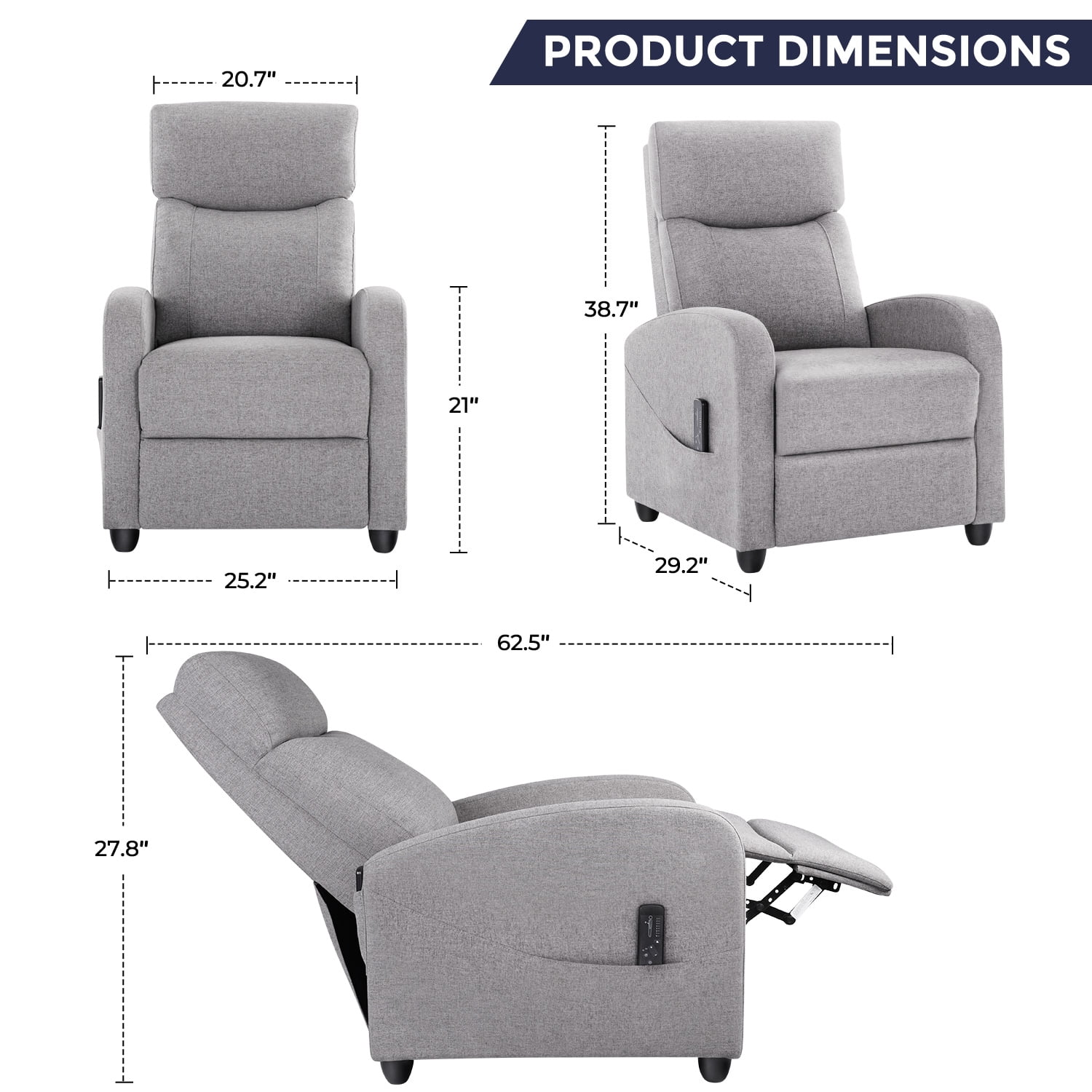 CONCETTA Massage Recliner Chair for Adults, Adjustable Home Theater Seating with Lumbar Support, Small Recliners for Small Spaces, Dark Grey