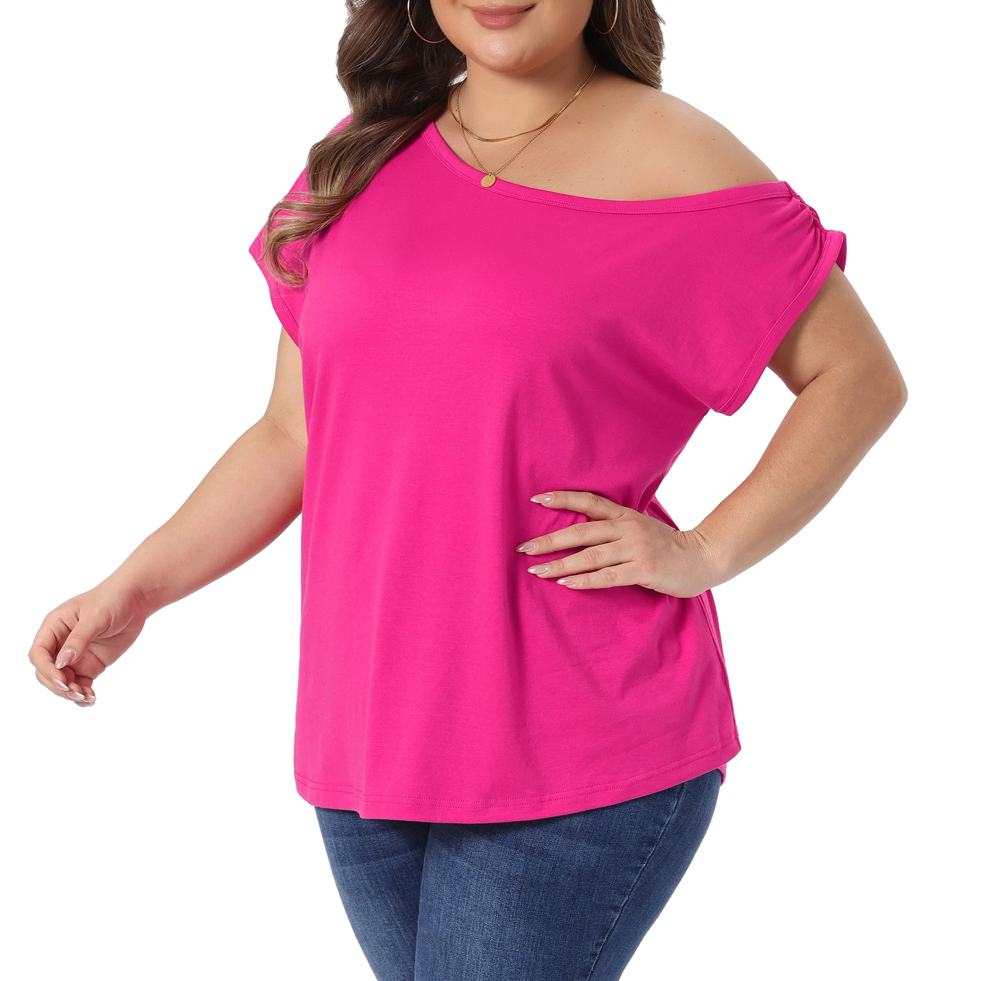 DARING DIVA Women's Plus One Shoulder Blouse Summer Top Basic Tee 4X Hot Pink